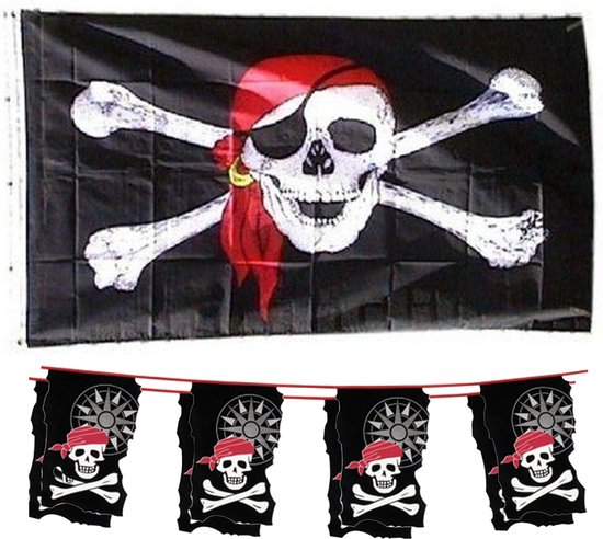 Piraten feestje/verjaardag versiering set 2x vlaggenlijnen en een grote piratenvlag 90 x 150 cm