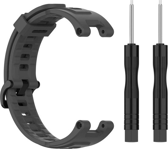 Bracelet de montre connectée en silicone gris foncé avec deux tournevis.