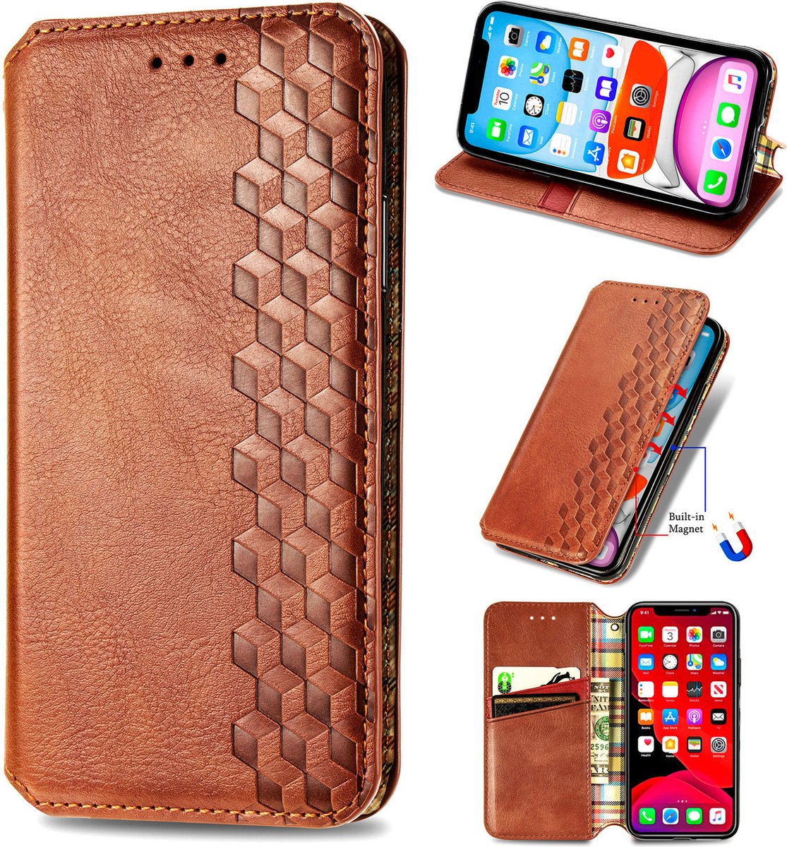 Luxe PU Lederen Ruitpatroon Wallet Case + PET Screenprotector voor iPhone 11 _ Bruin