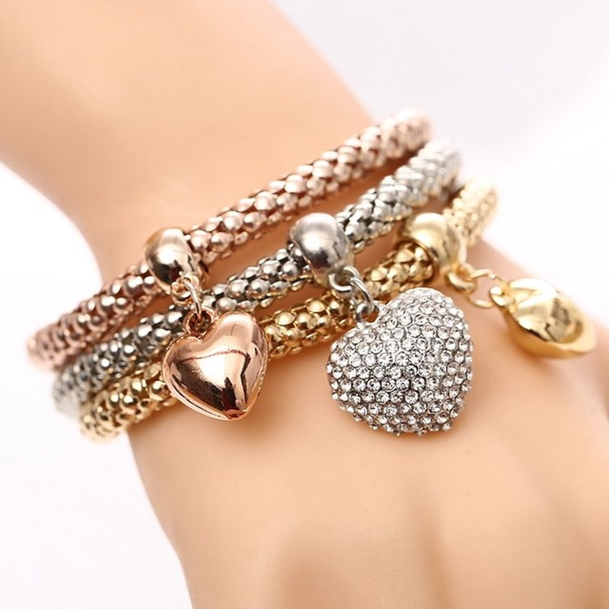 Armband dames zilver / goudkleurig / rosegoud - Hartjes Armband - Armbandjes dames goud / rose goud / zilver kleurig staal - Armbandenset 3-delig