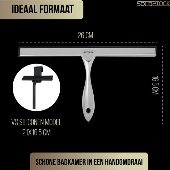 Dimensions de la raclette de douche en acier inoxydable : 26 cm de large et 16,5 cm de haut. Comparaison avec un modèle en silicone.