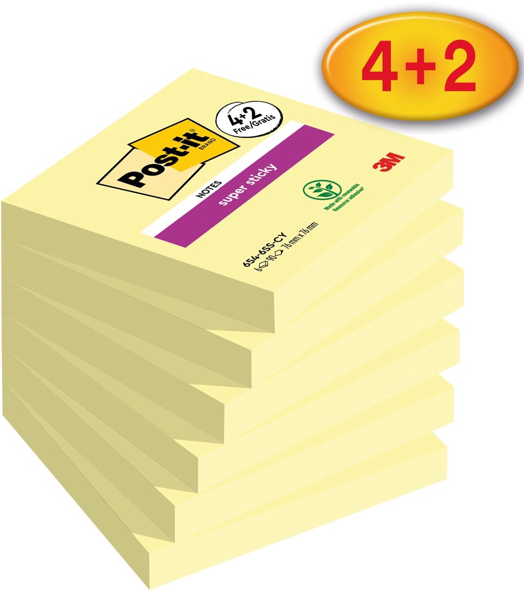 Post-it Super Sticky notes Canary Yellow, 90 vel, ft 76 x 76 mm, 4 + 2 GRATIS 12 stuks