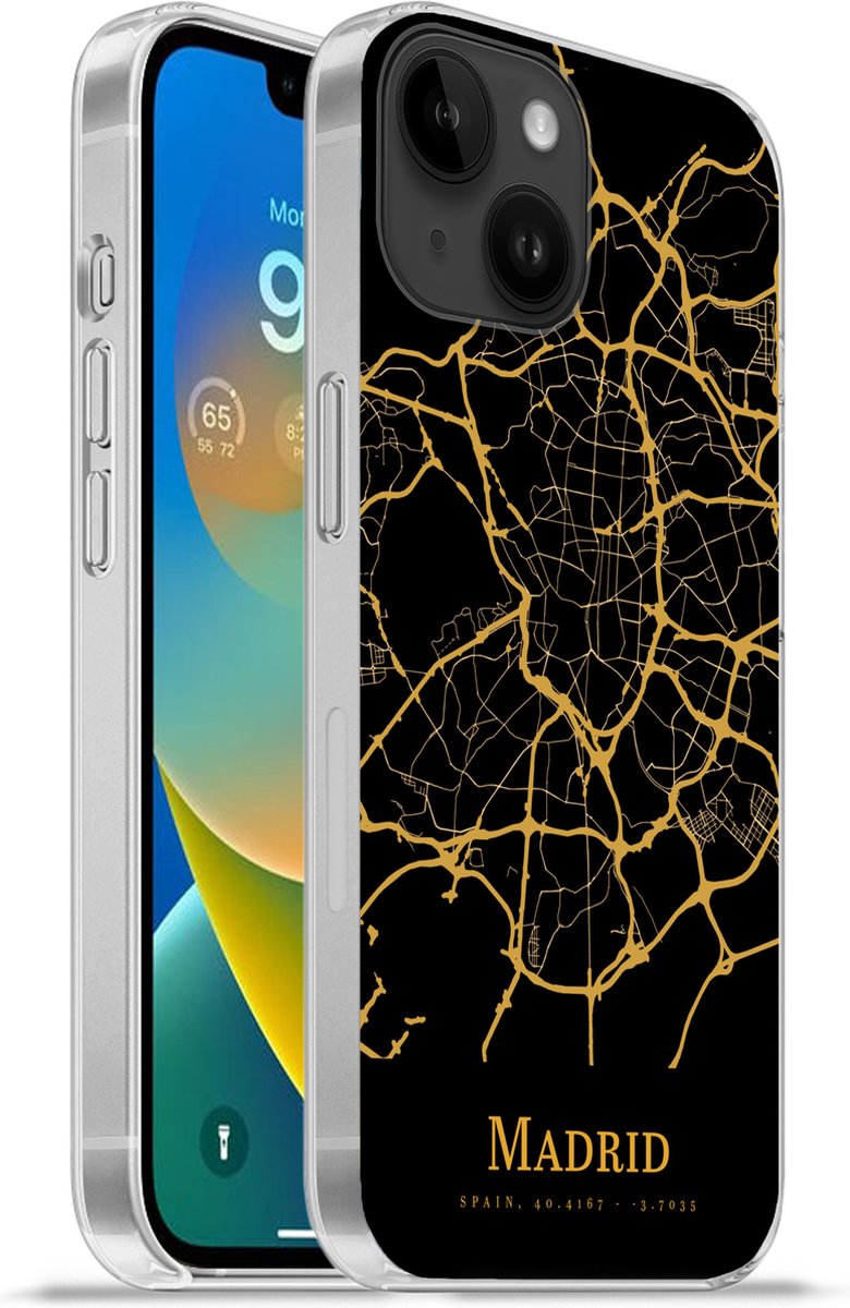 Telefoonhoesje Geschikt voor Apple Iphone 14 hoesje - Madrid - Kaart - Goud - Siliconen Telefoonhoesje Telefoonhoesje