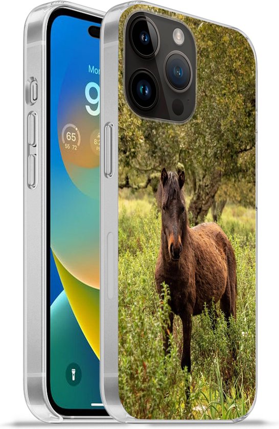 Telefoonhoesje Geschikt voorApple Iphone 14 Pro hoesje - Paard - Bos - Gras - Siliconen Telefoonhoesje