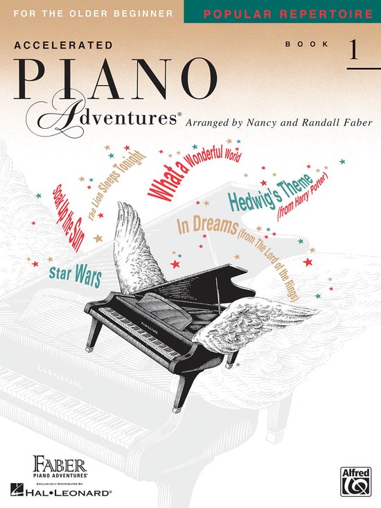 Livre "Accelerated Piano Adventures" pour débutants plus âgés, avec piano ailé, chansons comme "Star Wars" et "Hedwig's Theme".