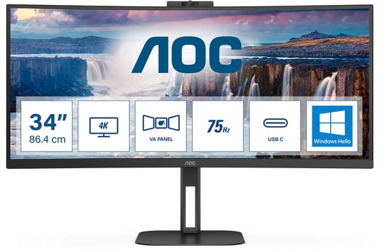 34″ AOC Curved Ultrawide Monitor QHD 3440×1440 VA Paneel USB-C 65W Webcam MultiView