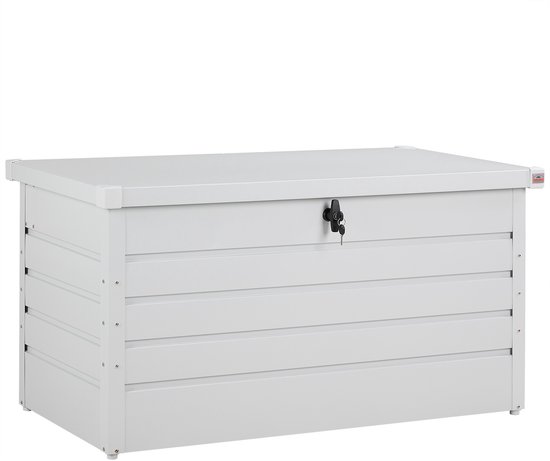 Witte metalen opbergbox met gesloten deksel en slot.
