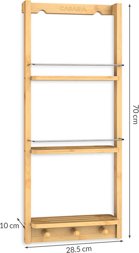 Bamboe doucherek van Casaria, 70 cm hoog, 28,5 cm breed en 10 cm diep, met drie niveaus en drie haken.