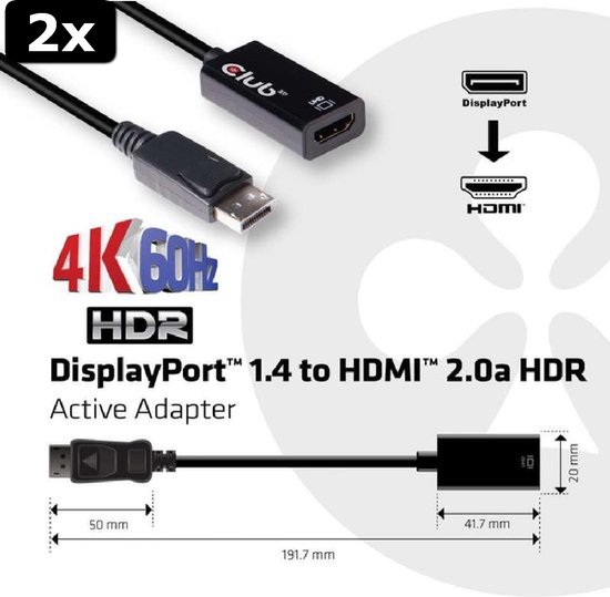 2x DisplayPort 1.4 to HDMI 2.0b HDR Active Adapter