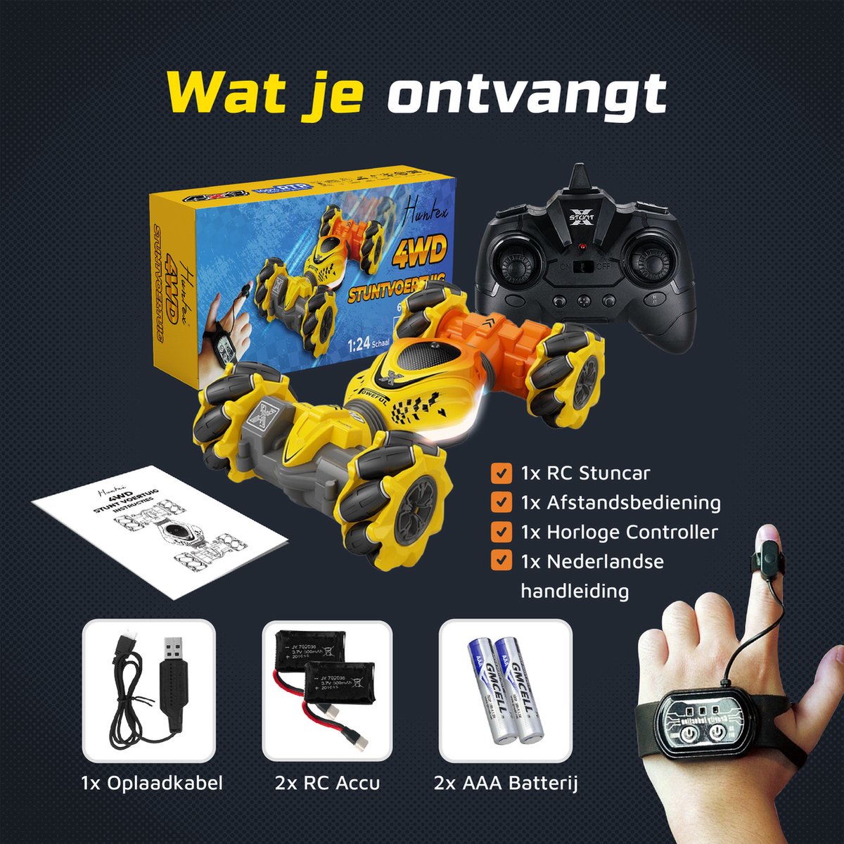Huntex RC Stunt Car - Inclusief Extra Accu en batterijen - Radiografisch Bestuurbare Auto - Offroad - Transformerende Auto - Volwassenen en Kind - Geel/Oranje - 4wd Twist — afbeelding 2