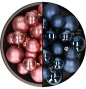 Kerstversiering kunststof kerstballen kleuren mix donkerblauw/oud roze 6-8-10 cm pakket van 44x stuks