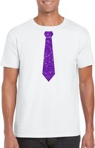 Wit fun t-shirt stropdas met paarse glitters heren - Themafeest/feest kleding XXL