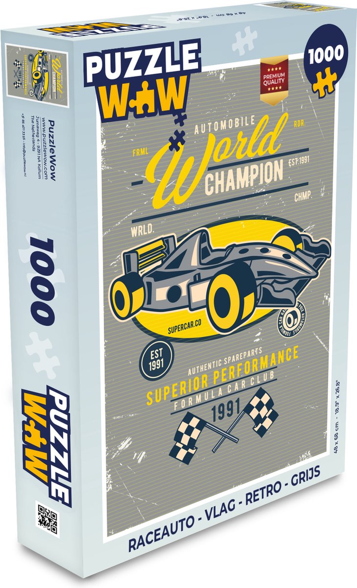 Puzzel Raceauto - Vlag - Retro - Grijs - Legpuzzel - Puzzel 1000 stukjes volwassenen