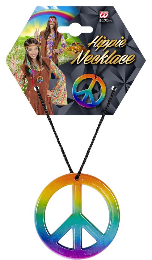 Vredesteken ketting met regenboogkleuren, aan zwart koord, verpakt in hexagonale kaart.
