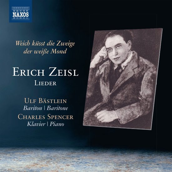 Portret van een man die op zijn hand leunt, met "Erich Zeisl Lieder" tekst.