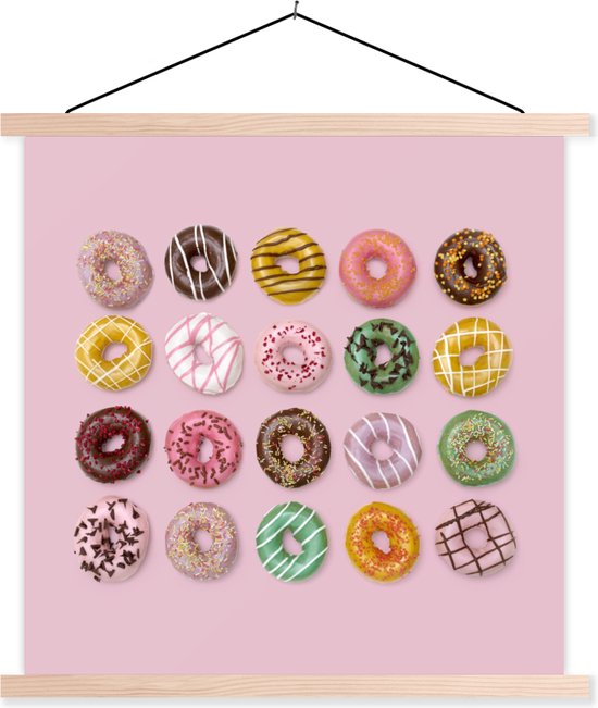 Kleurrijke donuts op roze achtergrond textielposter latten blank 40x40 cm - Foto print op schoolplaat (wanddecoratie woonkamer/slaapkamer)