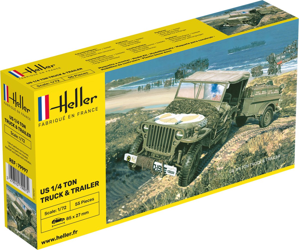 Heller Modelbouwpakket Militaire voertuigen - 79997 US 1/4 Ton Truck - Trailer - Amerikaanse Terreinwagen met Aanhanger Plastic - 1:72 - Modelbouw