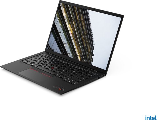 Zwarte laptop met een gebogen profiel en een gebouw op het scherm.