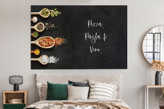 Peinture sur toile Pizza. Pâtes & Vin. - Citations - Nourriture - Épices - Proverbes - 150x100 cm - Décoration murale