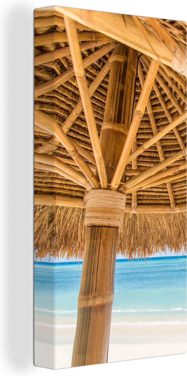 Canvas Schilderij Parasol - Strand - Zee - Tropisch - 20x40 cm - Wanddecoratie