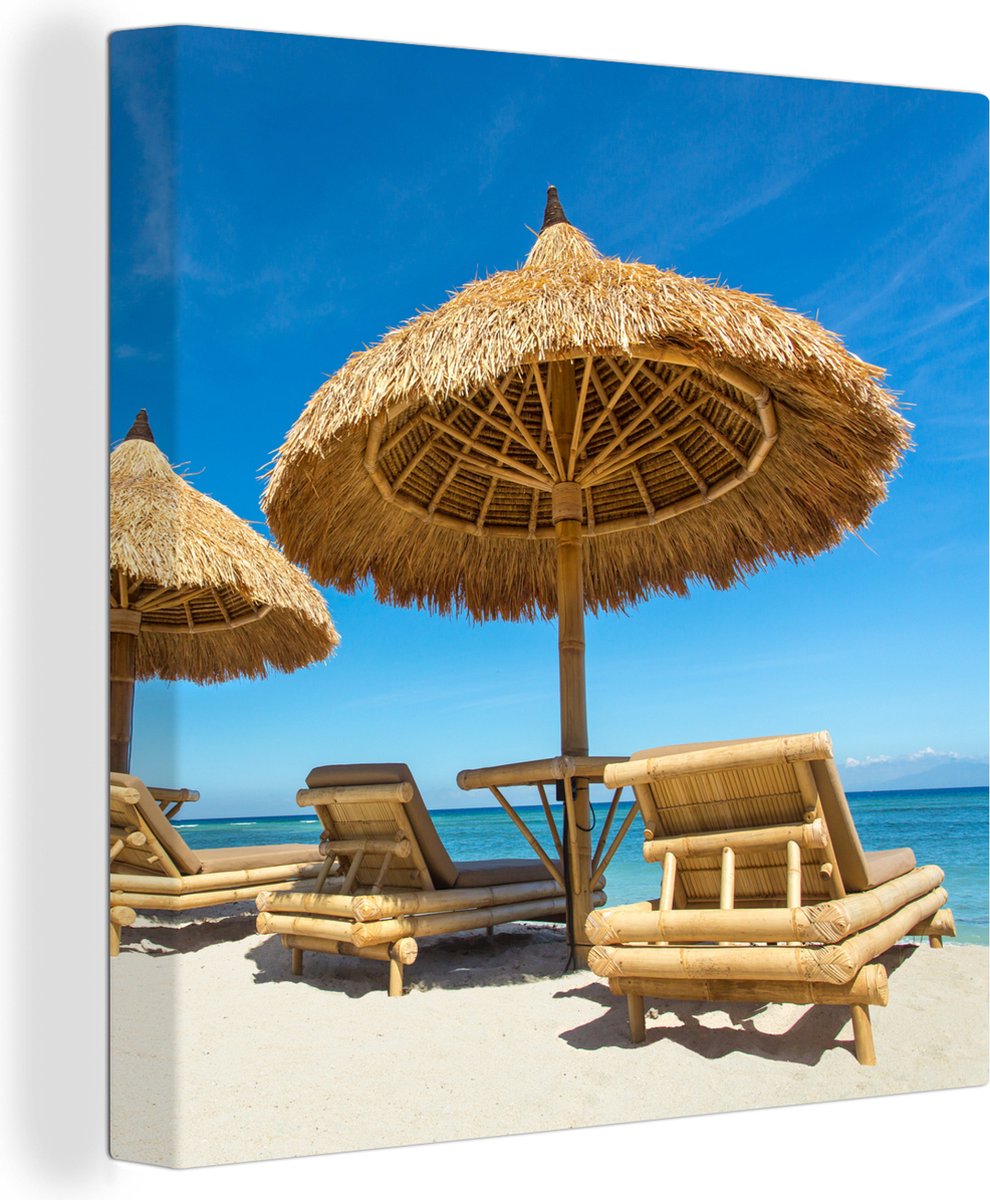 Canvas Schilderij Strandstoel - Strand - Parasol - Zee - Zomer - 90x90 cm - Wanddecoratie
