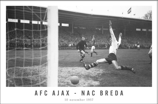 Walljar - Poster Ajax met lijst - Voetbal - Amsterdam - Eredivisie - Zwart wit - AFC Ajax - NAC Breda '57 - 13 x 18 cm - Zwart wit poster met lijst