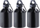 3x Stuks aluminium waterfles/drinkfles zwart met schroefdop en karabijnhaak 330 ml - Sportfles - Bidon