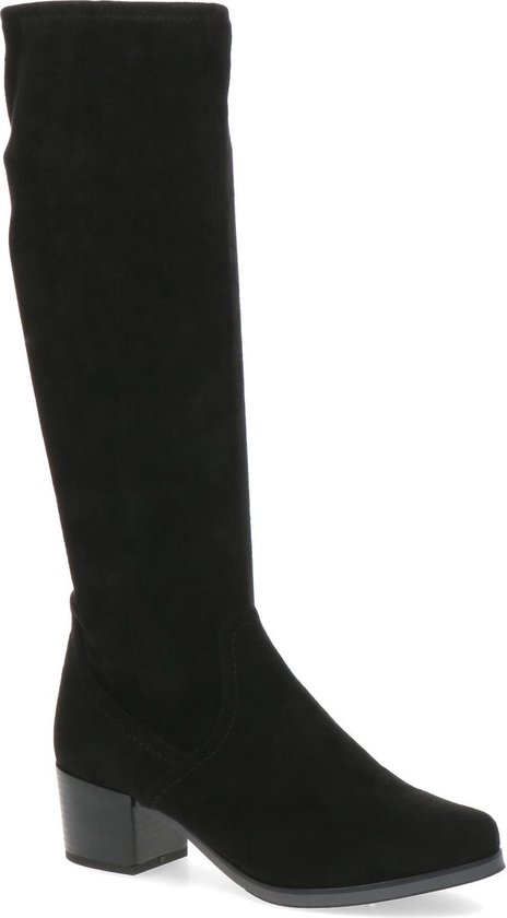 Botte noire haute en stretch avec talon bloc, vue de côté.