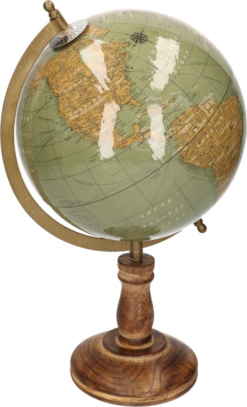 Décoration globe/globe vert sur socle/support en bois de manguier 23 x 38  cm - Boule