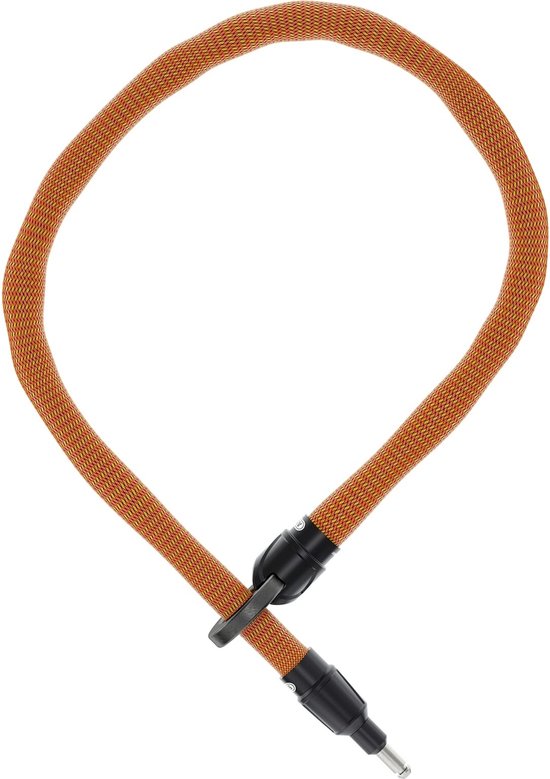 Oranje en gele gevlochten ketting met zwarte connectoren.