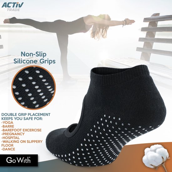 GoWith-katoen sokken-yoga sokken-1 paar-pilates sokken-anti slip sokken-dans sokken-huissokken-dames sokken-zwart-maat 35-40 - GoWith
