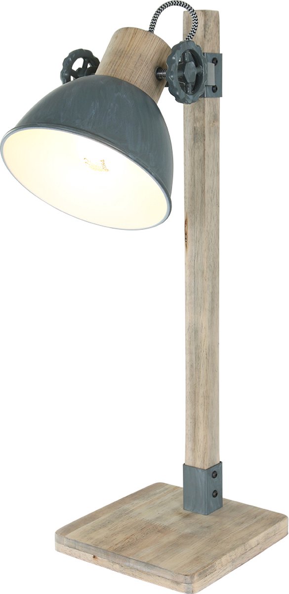Tafellamp Gearwood | 1 lichts | grijs / bruin | hout / metaal | 50 cm | hal / kantoor / bureaulamp | modern / stoer design