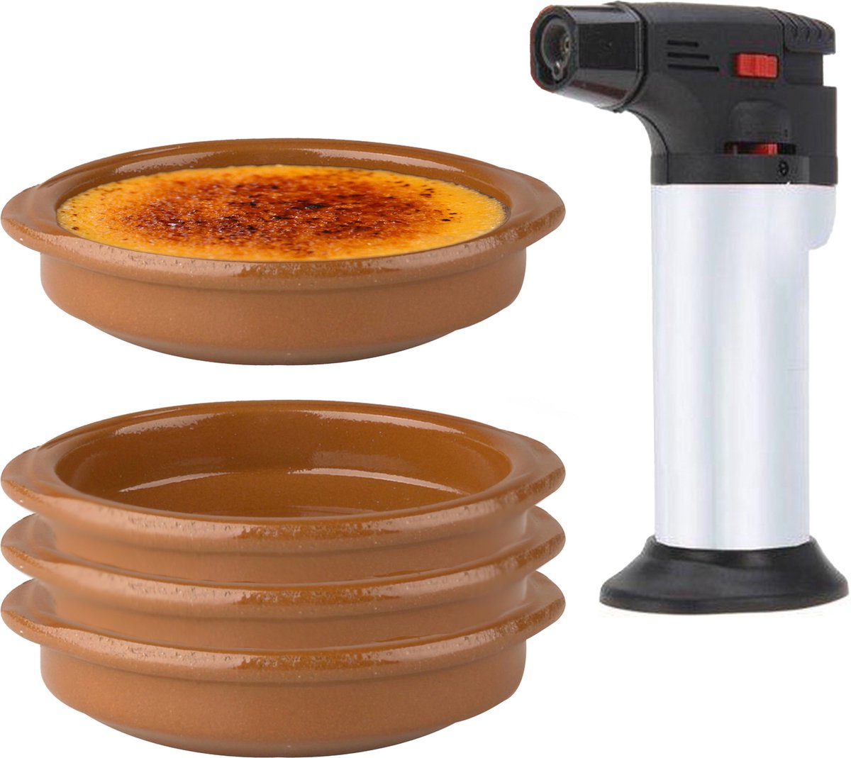 9-Delige creme brulee set met bruine schaaltjes en een zilveren brander