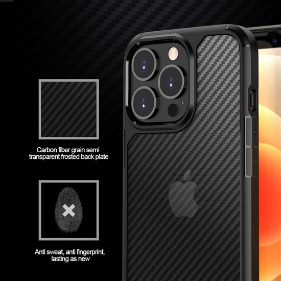 geschikt voor iPhone 14 Plus Hoesje met Carbon Look - Shockproof Valbescherming - Schokbestendige case geschikt voor iPhone 14 Plus - Tough Carbon Grid geschikt voor iPhone 14 Plus Hoesje zwart