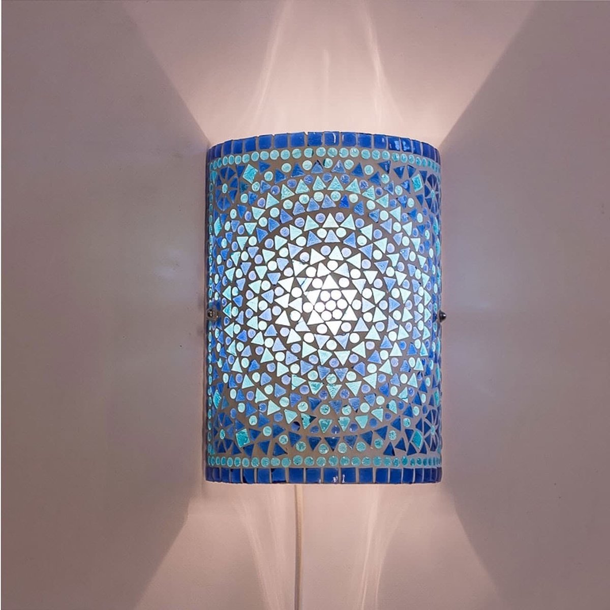 Oosterse mozaïek cilinder wandlamp | 26 cm | glas / metaal | blauw | woonkamer lamp | traditioneel / landelijk design