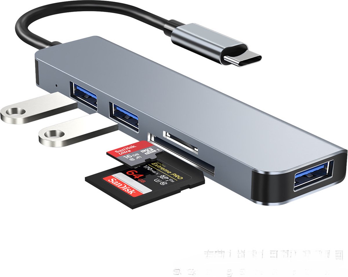 USB C Hub – 5 IN 1 USB Hub – 2*USB 3.0 – USB 2.0 – TF/SD Hub – USB C Opladen - Universeel – Grijs