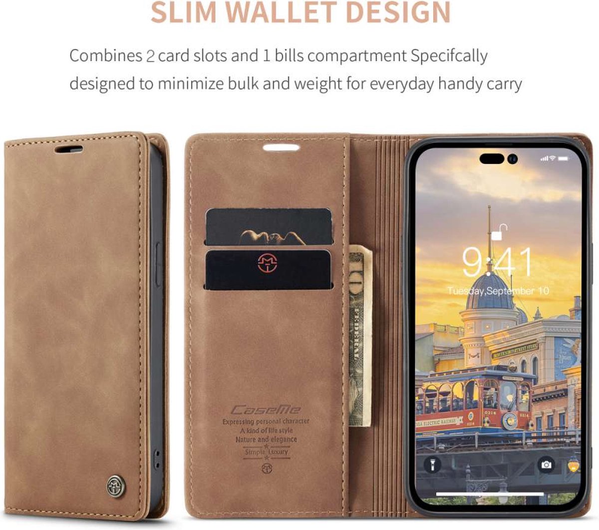 CASEME Geschikt Voor iPhone 14 Pro Max Retro Wallet Case - Brown