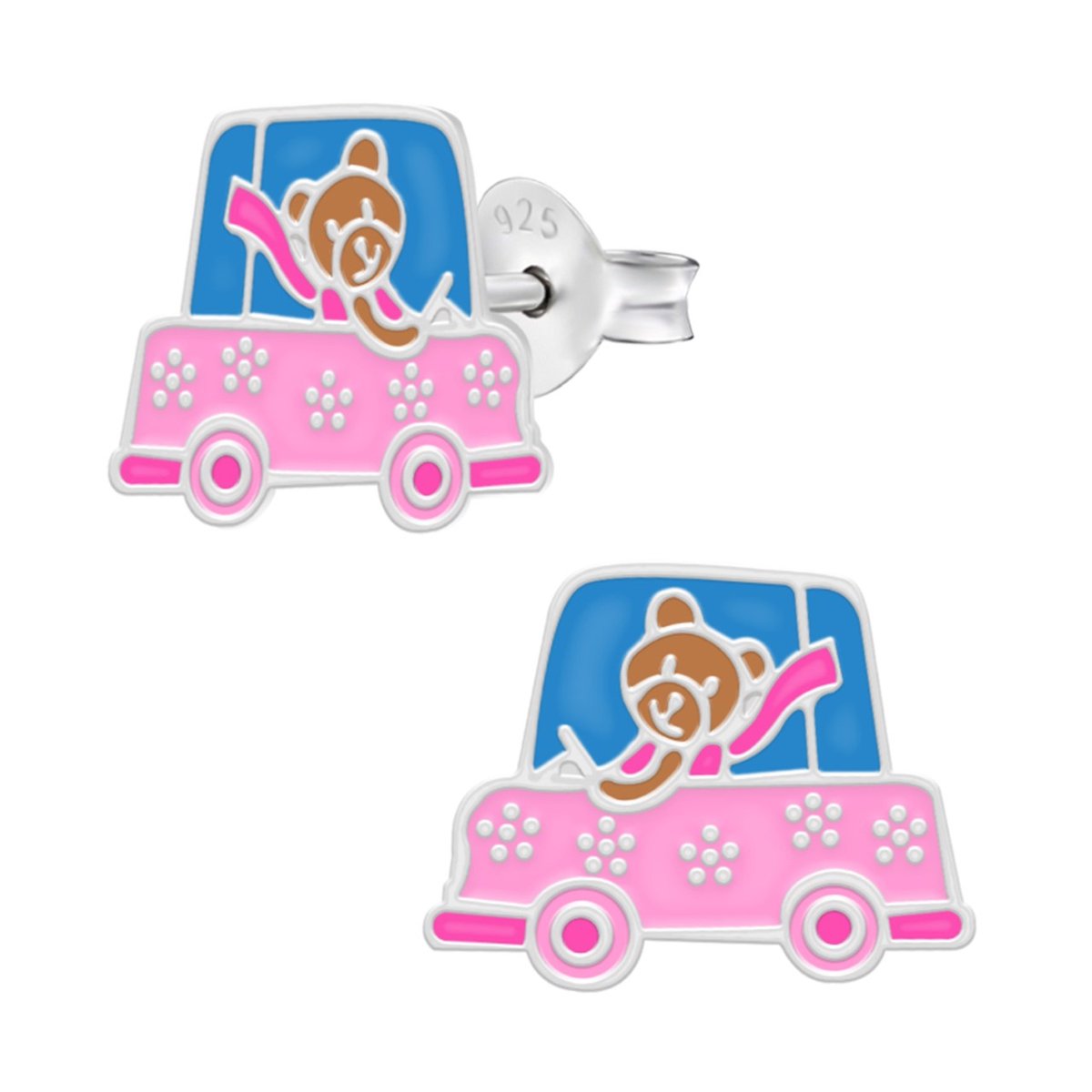 Oorbellen meisje | Zilveren kinderoorbellen | Zilveren oorstekers, beer met sjaal in roze auto
