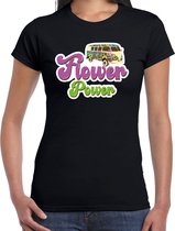 Toppers Jaren 60 Flower Power verkleed shirt zwart met hippie busje dames - Sixties/jaren 60 kleding L