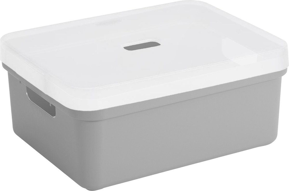 Sunware opbergbox mand kist - 24 liter - lichtgrijs - kunststof - met transparante deksel - 45 x 35 x 18 cm - Sigma serie