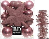Kerstversiering kunststof kerstballen 5-6-8 cm met ster piek en sterren slingers pakket oud roze 35x stuks - Kerstboomversiering
