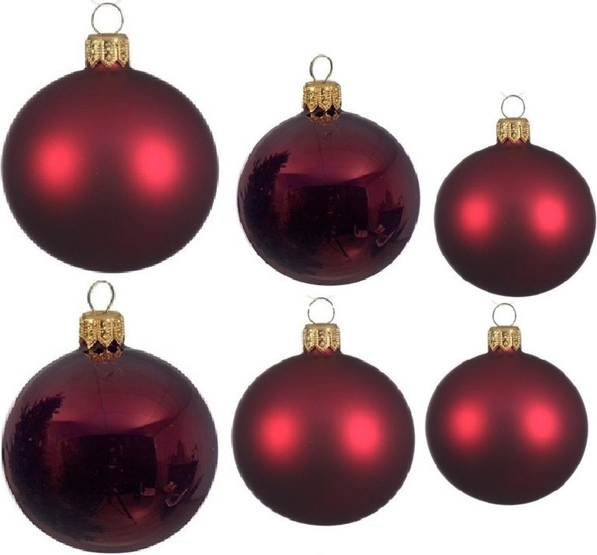 Compleet glazen kerstballen pakket donkerrood glans/mat 16x stuks - 6x 6 cm - 6x 8 cm - 4x 10 cm