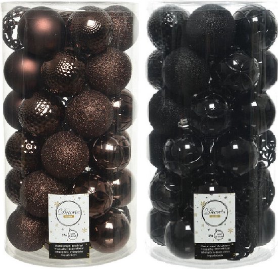 74x stuks kunststof kerstballen mix donkerbruin en zwart 6 cm - Onbreekbare kerstballen - Kerstversiering