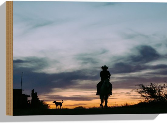 WallClassics - Hout - Silhouette van een Cowboy bij Zonsondergang - 40x30 cm - 12 mm dik - Foto op Hout (Met Ophangsysteem)