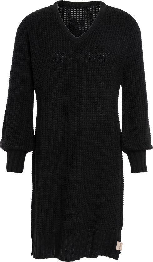 Knit Factory Robin Robe pour femme - Robe pull en maille - Col en V- Zwart - 40/42 - Longueur genou