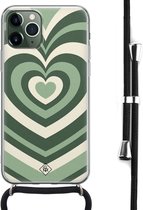 Casimoda® hoesje met koord - Geschikt voor iPhone 11 Pro Max - Hart Groen Swirl - Afneembaar koord - Siliconen/TPU - Groen