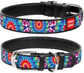 WAUDOG Flower Halsband / Hondenhalsband - Echt Leder - Zwart - Full Colour Print - Breedte: 35 mm - Nekomtrek: 46 - 60 cm (GELIEVE ALVORENS BESTELLEN OPMETEN)