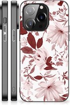 GSM Hoesje iPhone 14 Pro Silicone Back Case met Zwarte rand Watercolor Flowers