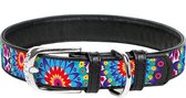 WAUDOG Flower Halsband / Hondenhalsband - Echt Leder - Zwart - Full Colour Print - Breedte: 12 mm - Nekomtrek: 19 - 25 cm (GELIEVE ALVORENS BESTELLEN OPMETEN)