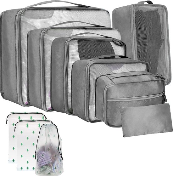 Kofferorganizer, set van 10 stuks, pakzakken, lichtgewicht kledingtassenset voor rugzak en koffer, maten pakkubussen koffer (grijs)